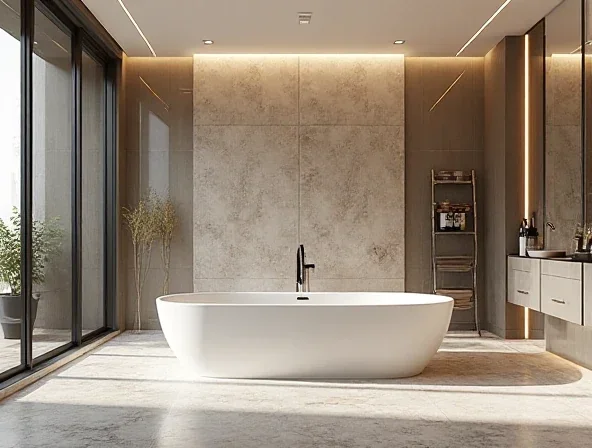 Luxuriöses Badezimmer mit freistehender Badewanne und eleganter Spa-Atmosphäre.